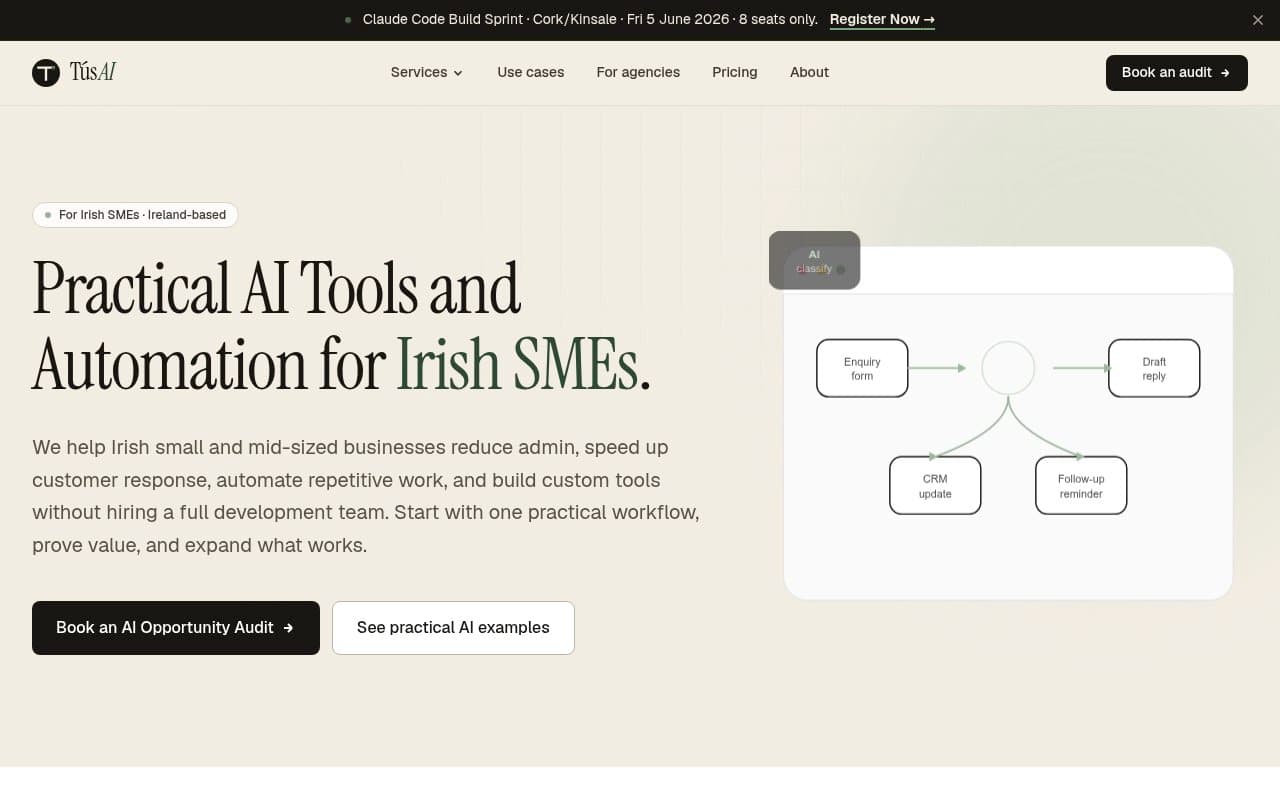 Tus AI homepage, an AI automation consultancy for Irish SMEs based in Cork and Kinsale