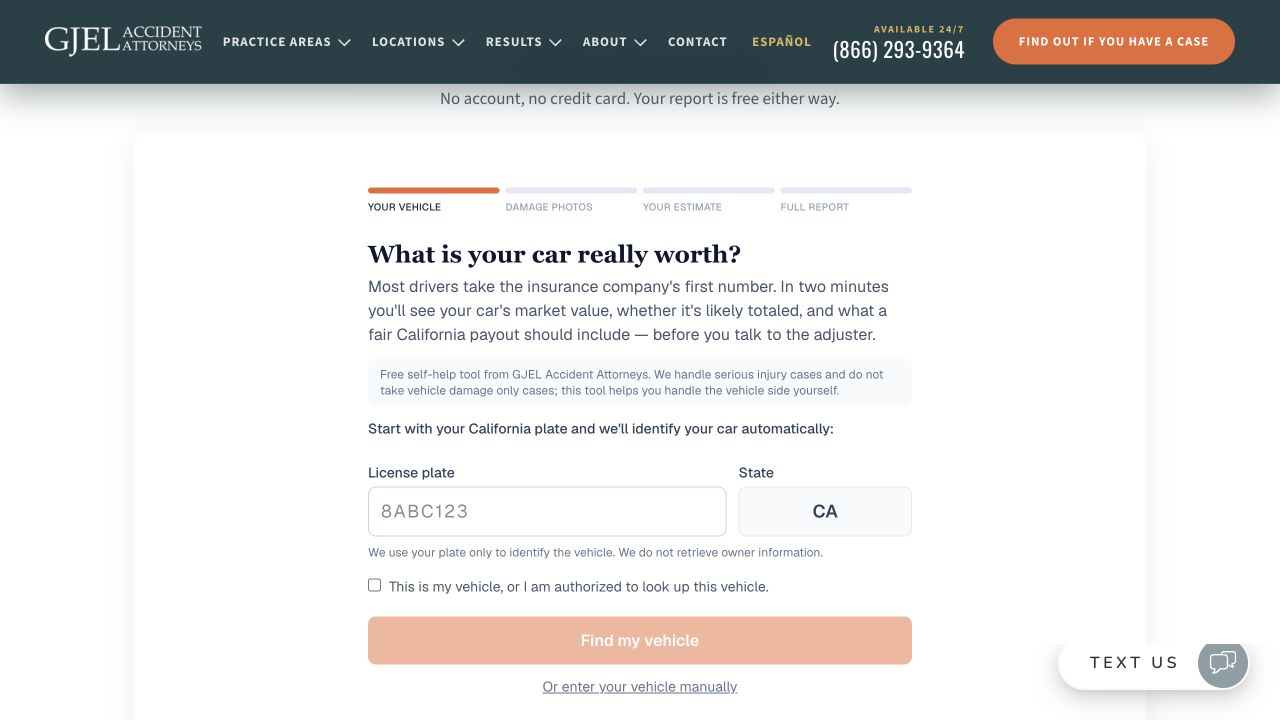 GJEL California total-loss calculator entry screen with a vehicle plate field and manual-entry option